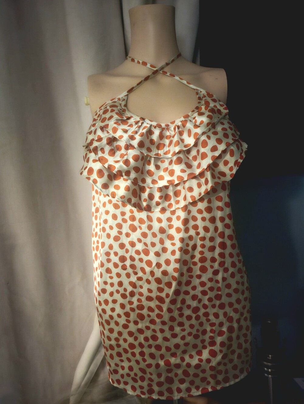 Ivory Dress with Orange Polka Dots and Ruffle Halter Neck